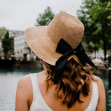 Bronte-airy sun hat Sandy, with large black bow, OSFA, packable