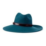 Frederique is a wide brim, side sweep felt hat for women in teal blue