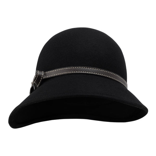 Bronte, wool felt cloche hat with slightly asymmetric brim - Kim -in black with leather belt- for women
