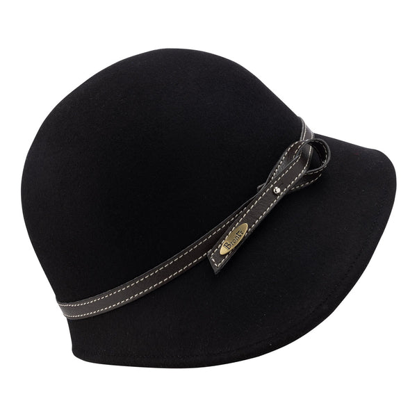 Bronte,  wool felt cloche hat - Kim -in black with leather belt- for women
