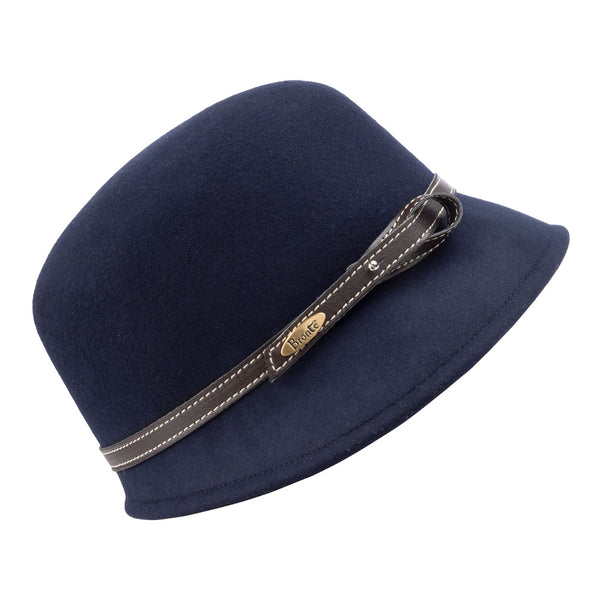 Bronte wool felt cloche hat - Lizzy - dark blue, with leather belt, side