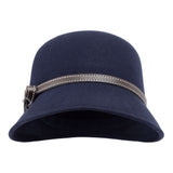 Bronte wool felt cloche hat - Lizzy - dark blue, with leather belt, front