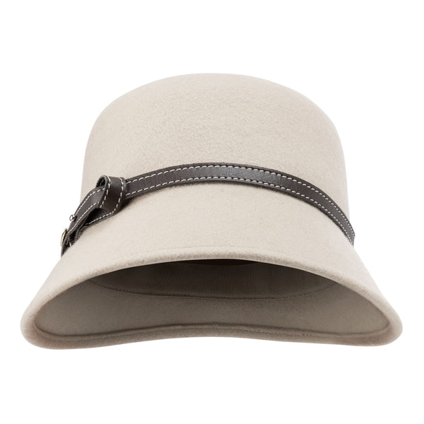 Bronte wool felt cloche hat - Lizzy - beige ivory, with leather belt, front